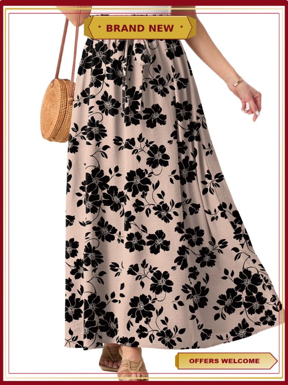 Women Summer Long Maxi Skirt Elastic High Waist Tie Beach Skirt with Pockets